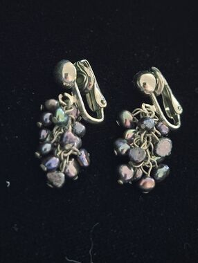 Vintage Clip-On Cluster Peacock Pearl Drop Cha Cha Earrings - Iridescent